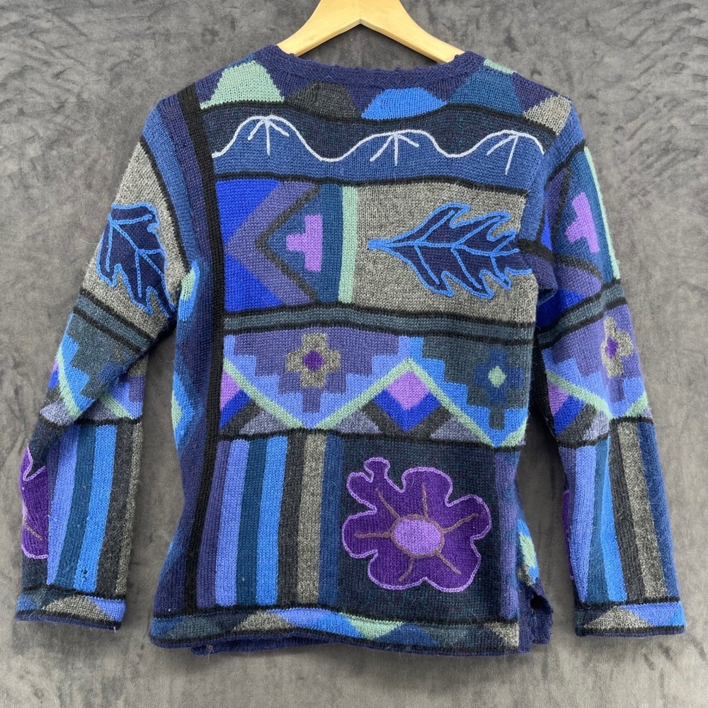 VTG La Vicunita Baby Alpaca Cardigan Sweater Blue Purple Floral Geometric Peru - Picture 3 of 8